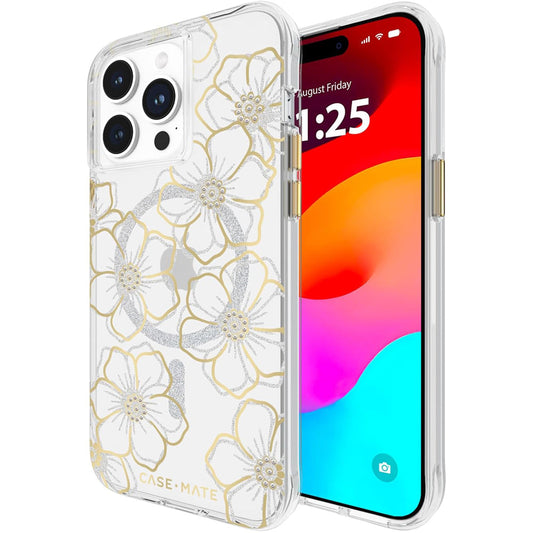 NNEDSZ Case-Mate Floral Gems MagSafe Case For iPhone 15 Pro Max - Gold-0